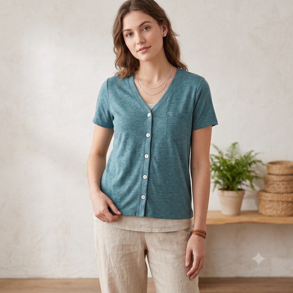 Pure Jill Womens Button Front Top XL Petite Teal Hemp Cotton V-Neck Coastal